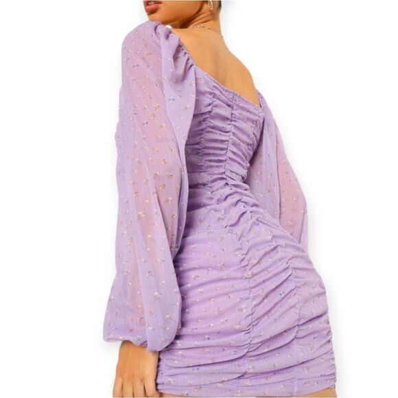 Boohoo long sleeve ruched front chiffon mini dress, size 18 - Picture 2 of 13